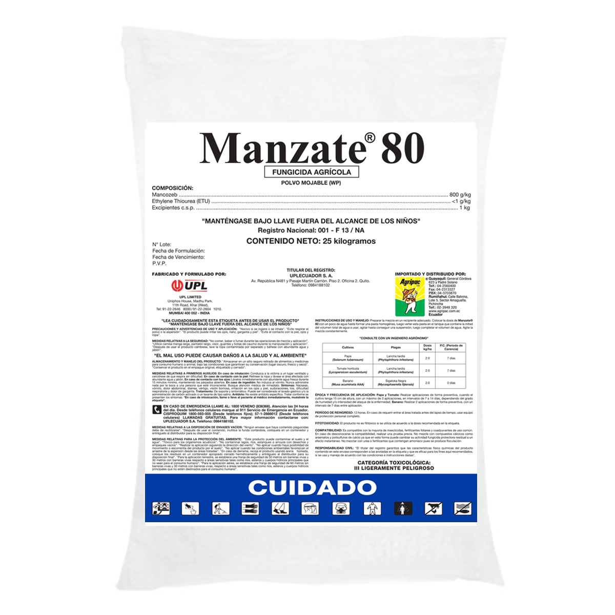 fungicida manzate 80 WP (Mancozeb 800 g/kg) usado para el control de hongos patógenos peronosporales en los cultivos.